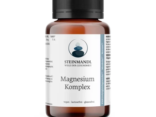 Steinmandl Magnesium Komplex in brauner Dose mit weißem Etikett, Produktfoto auf weißem Hintergrund.